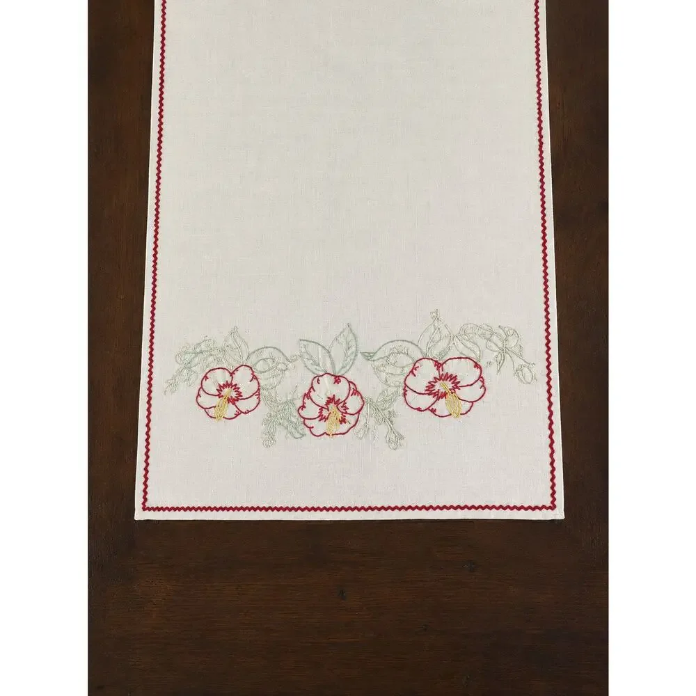 Vintage Embroidered Floral Table Runner White Red Flowers 47 x 17